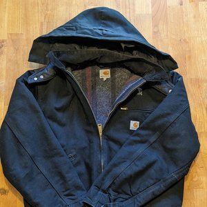 VTG Carhart Coat Black Full Zip Blanket Lined Hood Large USA Made